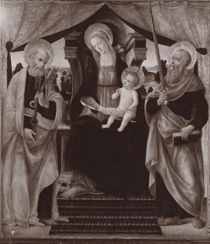 Anonimo — Frediani Vincenzo di Antonio - sec. XV - Madonna con Bambino in trono tra san Pietro e san Paolo — insieme